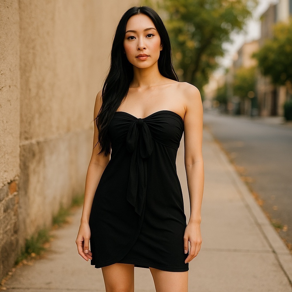 BEBE Black Strapless Silk Contrast Dress